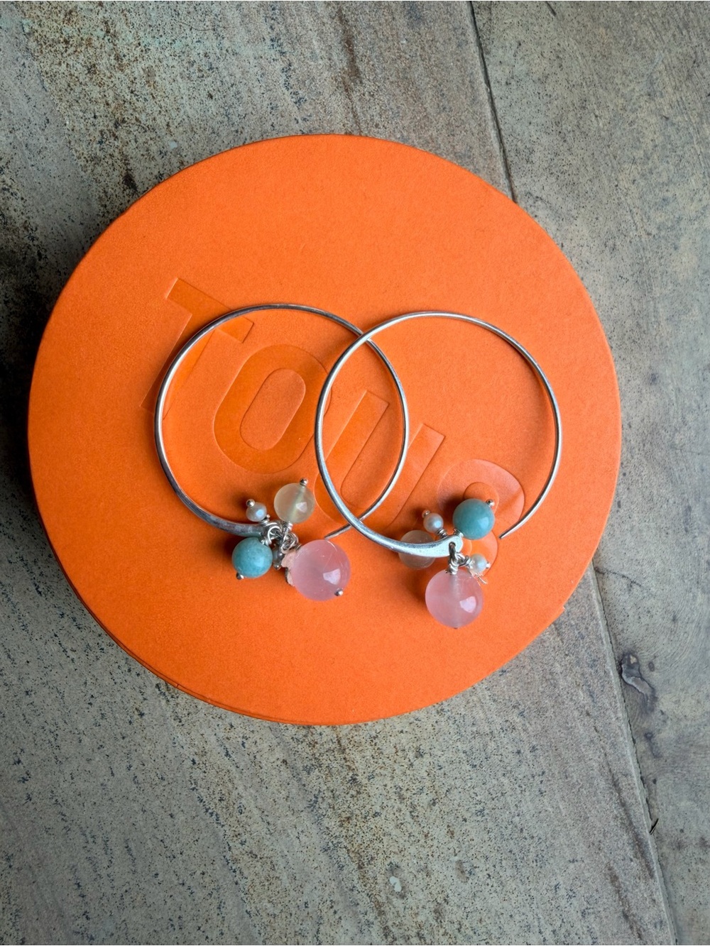 Tous Silver Hoop Earrings with Green and Pink Gemstone Charms